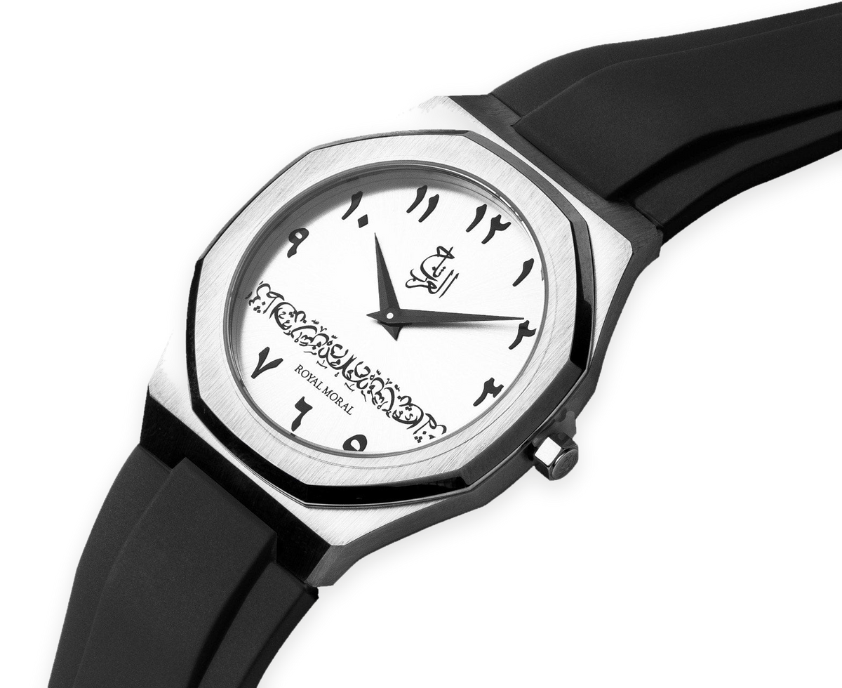 Royal Moral — angled view of the octagonal steel case and Arabic numeral dial